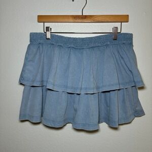Blue Ruffle Tiered Mini Skirt Smocked Cotton Tennis Preppy Golf Old Money Large